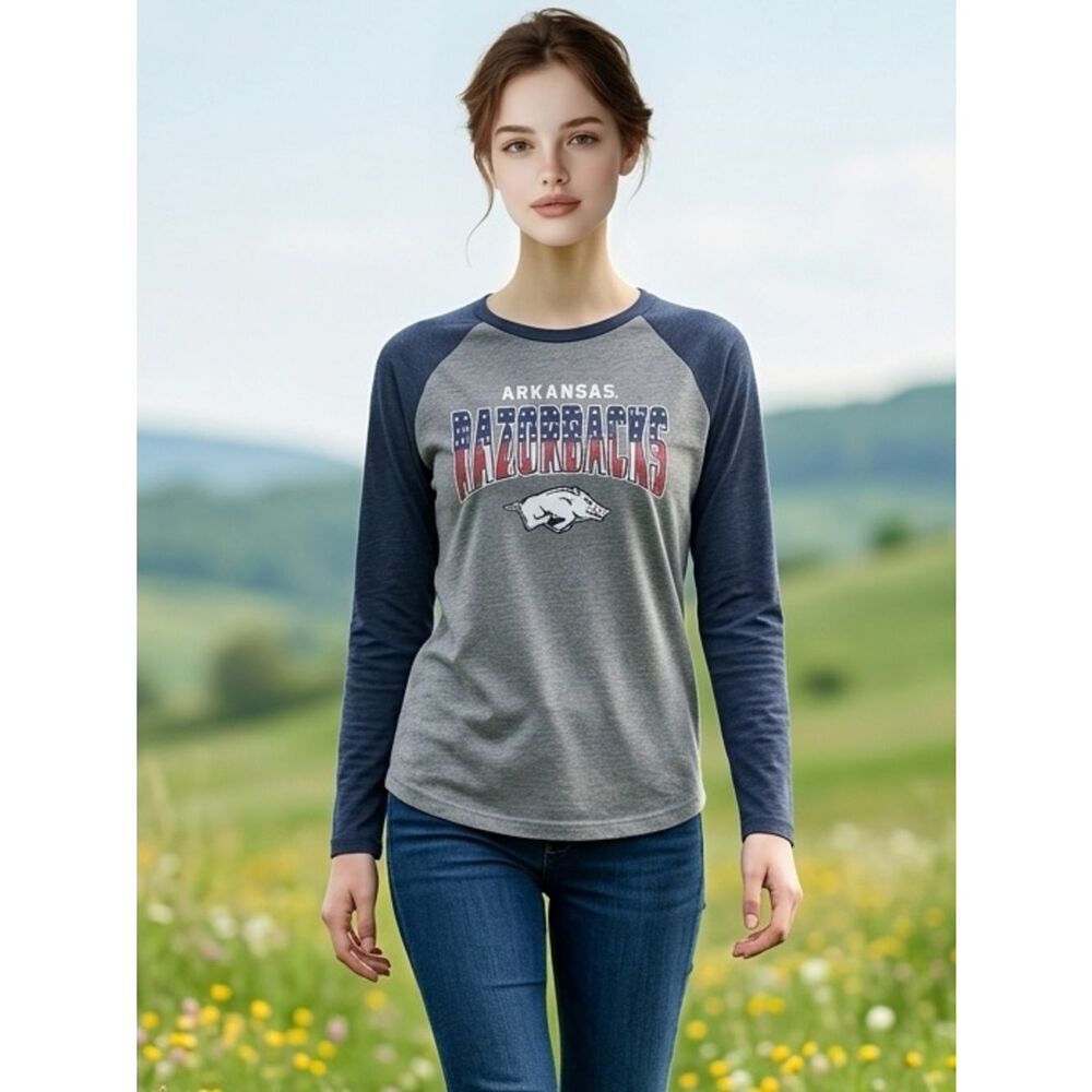 NWOT Unisex Univ of Arkansas Razorbacks Blue Gray Baseball Tee Shirt - Size M